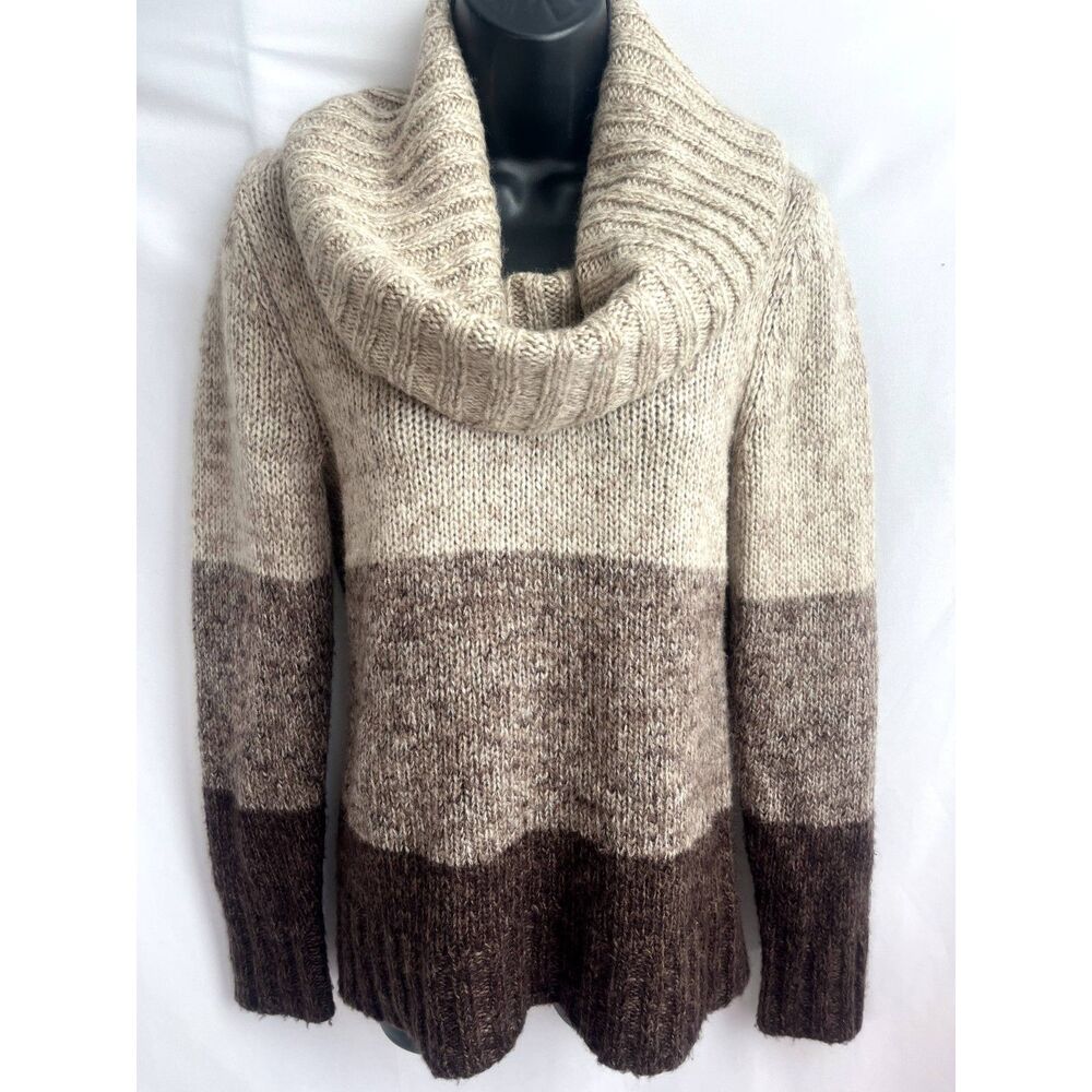 Lucy & Laurel Wool Blend Sweater Color Block Brown Striped Turtle Cowl Neck M